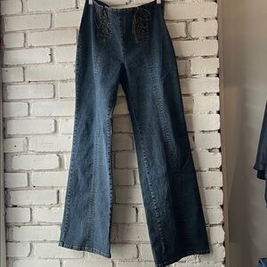 Women's Blue Jeans with Lace-Up Detail straight leg boho jeans